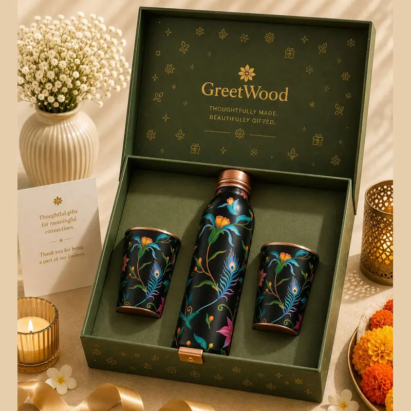 Copper Bottle & Tumbler Set, Peacock Floral