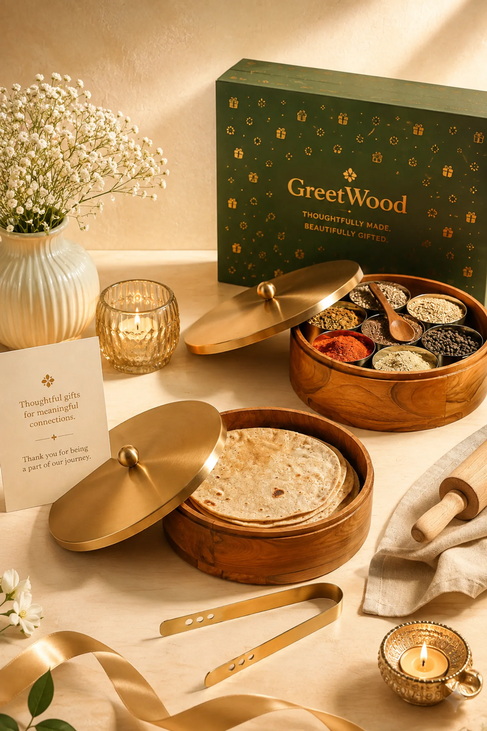 Greetwood wooden gold masala box and chapati box, gift-boxed with a card